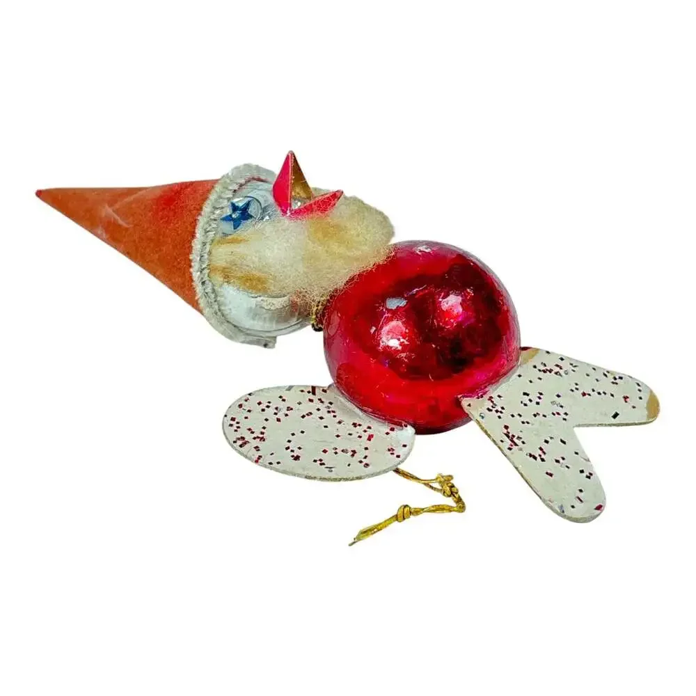 Vintage 40s Mercury Glass Bird Christmas Ornament Cardboard Wings & Flocked Hat